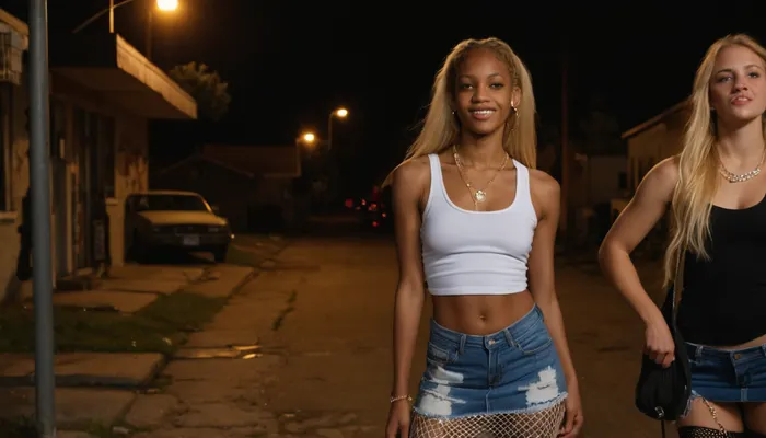 score_9, score_8_up, score_7_up, (raw photo:1.5), (photorealistic:1.5), (35mm film:1.3), (film grain:1.3), (vhs grain:1.2), (cinematic street lighting:1.4), (night time:1.3), (neon signs:1.2), (compton ghetto:1.4), 1girl, (19yo skinny blonde bimbo:1.5), (small perky A-cup tits:1.4), (pokies:1.4), perfect dirty face, (blue eyes:1.3), running mascara, hoop earrings, (long straight platinum hair:1.3), BREAKgroup of 5 young black and latino thugs surrounding her, (baggy jeans:1.3), bandanas, gold chains, snapbacks, (muscular:1.3), girl wearing, (cropped white tank top:1.4), (no bra:1.4), (tiny denim micro skirt:1.5), (fishnet stockings torn:1.3), (fake lashes:1.3), bamboo earrings, girl laughing and flirting, hands on thug shoulders, (one thug grabbing her ass:1.5), (cigarette in mouth:1.3), (abandoned corner store background:1.3), graffiti walls, lowrider impala, hydraulic bounce, street lights flickering, sweat, detailed skin pores, dirty sneakers, cracked sidewalk, (depth of field:1.3), (sharp focus on girl face:1.5), ghetto, ghettostreets, <lora:Ghetto_sdxl_lora:.7>