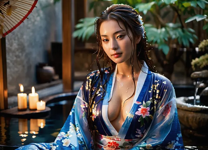 (masterpiece), (highest quality), (extreme detail), photorealistic, 1 girl in a photo shoot, reclining, young woman, Eurasian woman, heroine, (exquisite appearance), (perfect body proportions), stunningly beautiful facial features, long dark brown hair, loose hair, (wet hair:1.4), radiant skin, sweat, (wet kimono:1.4), (transparent kimono:1.6), Breast and nipples just visible through kimono, dark blue with gold floral pattern, (studio lighting:1.1), (soft light), high sharpness, richness of textures, clear pattern, (natural makeup:1.1), glossy lips, gentle smile, ancient Japanese spa, steam, (steaming water:.8), water in foreground, outside, formal garden in background, candles, massage oil bottles, folded towels beside the spa