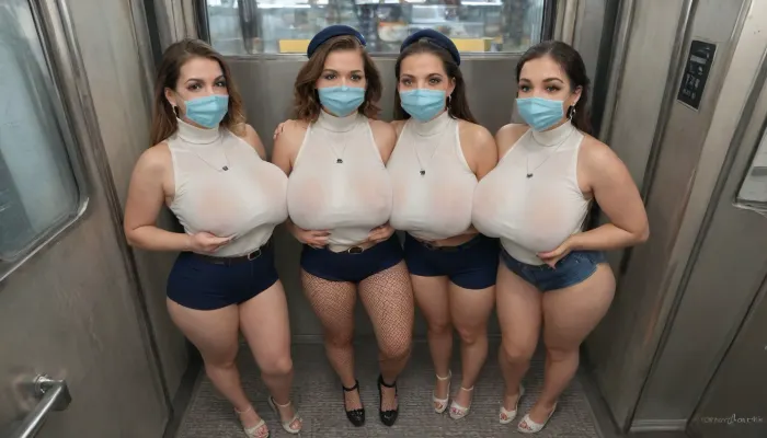 three extremely attractive busty middle eastern train hostess women with name tags on, colossally exaggerated with colored glittery glowing eye makeup, meets the viewer's gaze with enormously horny and excited eyes, colossally aroused women grope and kiss each other all over their bodies while on duty on a passenger train, diamond platform shoes with extremely high narrow stiletto heels, fishnet pantyhose, sexy skimpy train hostess extremely tight bodycon micro shorts with waist belt, train hostess see-through wet sleeveless extremely tight bodycon turtleneck sweater that stretches colossally over the plump low pendulous breasts, face veil, beret shawl, gigantic colossally plump extremely pendulous beefy monster breasts, extremely exaggeratedly micro narrow waist, view from above