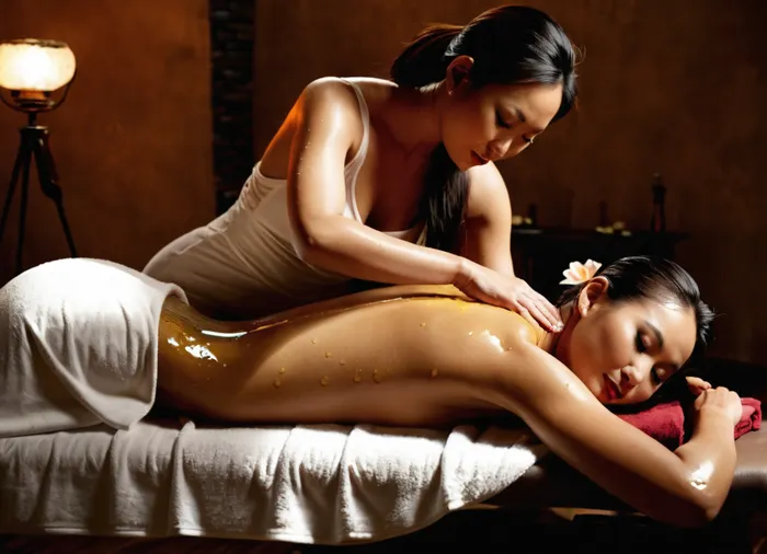 (full shot:1.2), ((young, (Asian:1.1), woman, masseuse rubbing oil into a man's body:1.5), and, (man:1.1)), (nuru massage:1.5), (close-up:1.2), (air mattress:1), (red towel:.9), (wooden bowl:.8), (oil-covered body:1.4), (wet skin:1.3), (open mouth:1.1), (looking up:1), on her knees, (wavy shiny hair:.9), loose hair, spa massage salon in the background, (deep shadows:1), (bright natural lighting:1.1), (body painting:.8), studio shot, highly detailed, realistic photo reportage, high detail, detailed rendering of the process, highest resolution 8K