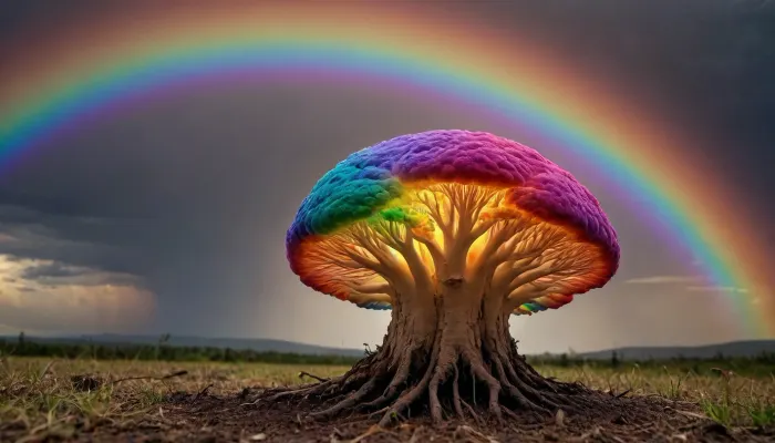 (mycelium), miracle, rainbow light circeled in open universe, orbit, rainbow storm, rainbow fire, rainbow air, rainbow earth