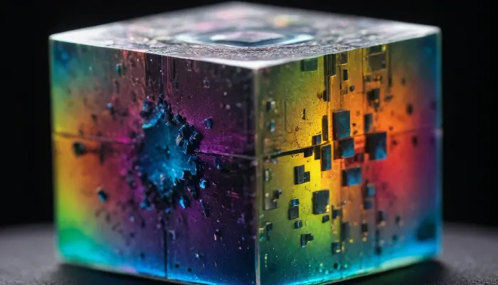 microscope macro zoom, (glowing cube), miracle, rainbow light circeled in open universe, orbit, rainbow storm, rainbow fire, rainbow air, rainbow earth