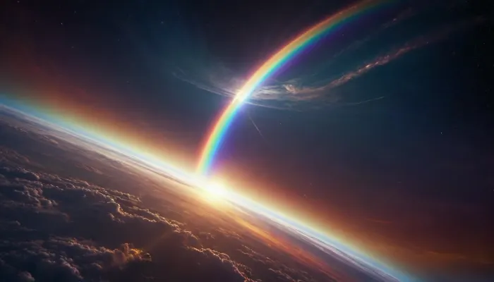 (orbit of eart), hmiracle, rainbow light circeled in open universe, orbit, rainbow storm, rainbow fire, rainbow air, rainbow earth