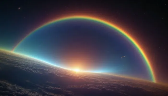 (orbit of eart), hmiracle, rainbow light circeled in open universe, orbit, rainbow storm, rainbow fire, rainbow air, rainbow earth