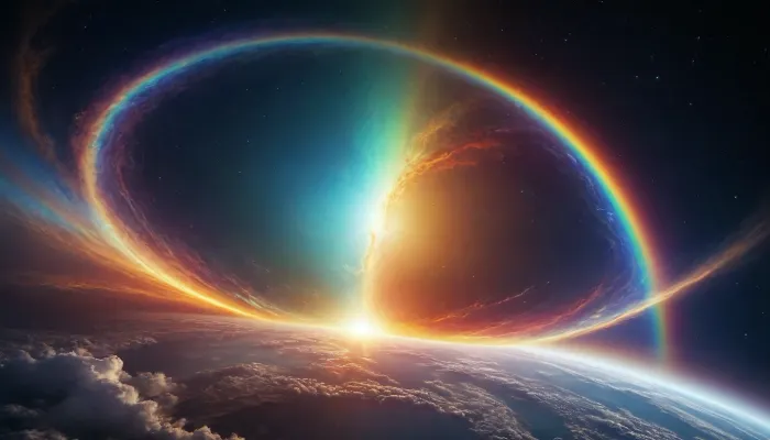 (orbit of eart), hmiracle, rainbow light circeled in open universe, orbit, rainbow storm, rainbow fire, rainbow air, rainbow earth