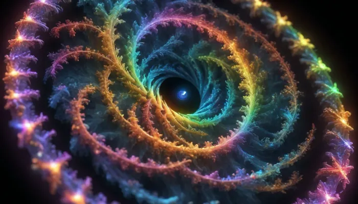 4d microscope macro zoom, (glowing fractal of stars), miracle, rainbow light spiral in open universe, orbit, UV, x ray storm, rainbow fire, rainbow air, rainbow earth
