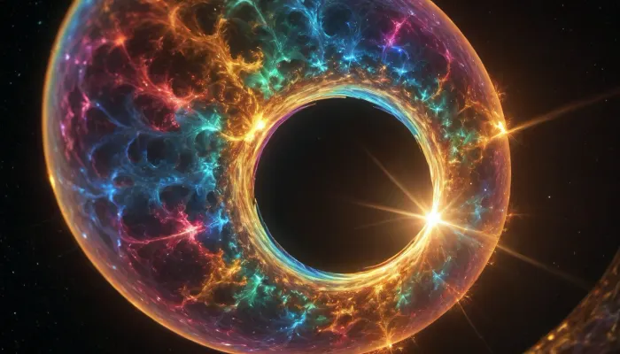 4d microscope macro zoom, eclipse, nytrogen, (glowing fractal of stars), miracle, rainbow light gold cristal in open universe, orbit, rainbow fire, rainbow air, rainbow earth, busty cook girl