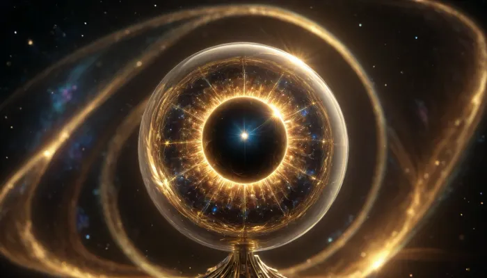 4d microscope macro zoom, black and gold sphere as a galaxy, mirroring, halo, solar wind transparent, light sparks, (glowing fractal of stars), miracle, rainbow light gold cristal in open universe, orbit, rainbow fire, rainbow air, rainbow earth