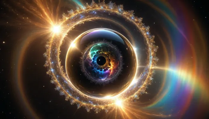 4d microscope macro zoom, epic, glowing, (rainbow, white light), black and gold sphere as a galaxy, mirroring, halo, solar wind transparent, light sparks, (glowing fractal of stars), miracle, rainbow light gold cristal in open universe, orbit, rainbow fire, rainbow air, rainbow earth