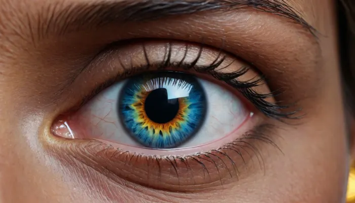 4d microscope macro zoom, eclipse, nytrogen, (black skin, blue iris eye, big gold eye framing, gold eye contouring), miracle, rainbow light gold cristal in open universe, orbit, rainbow fire, rainbow air, rainbow earth, busty cook girl