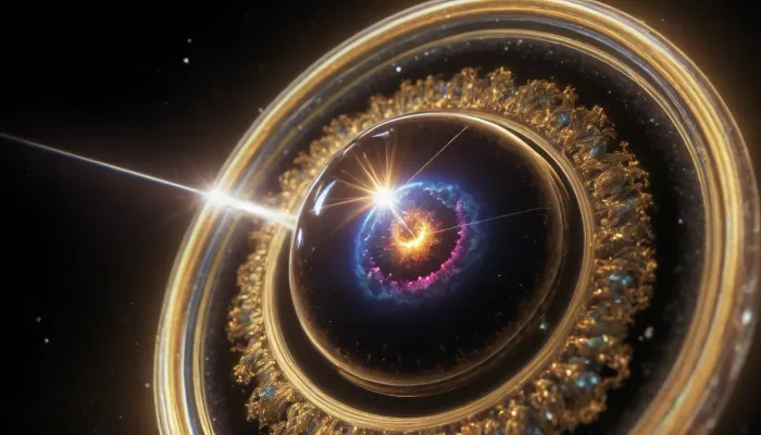 4d microscope macro zoom, epic, glowing, (rainbow, white visible light), black and gold sphere as a galaxy, mirroring, halo, solar wind transparent, light sparks, (glowing fractal of stars), miracle, rainbow light gold cristal in open universe, orbit, rainbow fire, rainbow air, rainbow earth