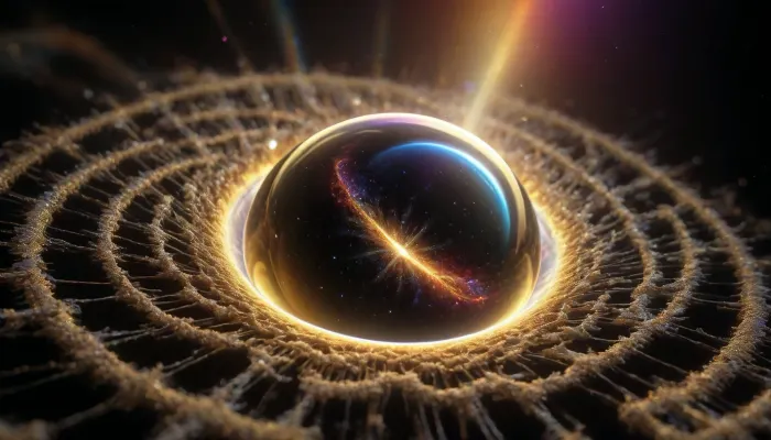 4d microscope macro zoom, epic, glowing, (rainbow, white visible light), black and gold sphere as a galaxy, mirroring, halo, solar wind transparent, light sparks, (glowing fractal of stars), miracle, rainbow light gold cristal in open universe, orbit, rainbow fire, rainbow air, rainbow earth