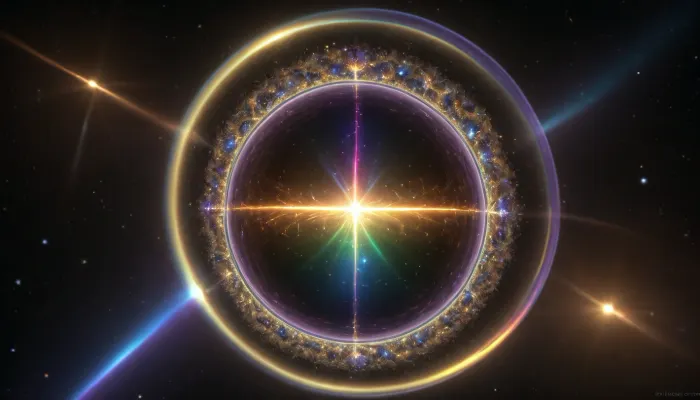 4d microscope macro zoom, epic, glowing, (rainbow, white visible light), black and gold sphere as a galaxy, mirroring, halo, solar wind transparent, light sparks, (glowing fractal of stars), miracle, rainbow light gold cristal in open universe, orbit, rainbow fire, rainbow air, rainbow earth