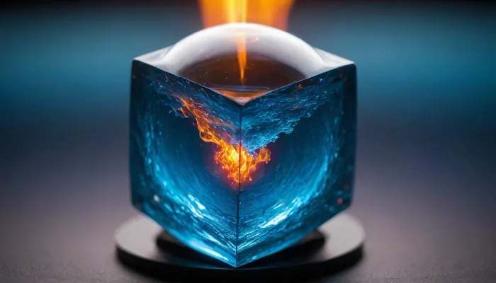 4d microscope macro zoom, (fire cube, (square), fusion with wather sphere, (blue waves, mirroring), miracle), orbit, epic, glowing, (rainbow, white visible light), rainbow light gold, rainbow fire, rainbow air, rainbow earth