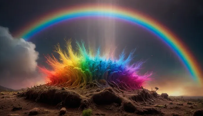 (mycelium network), hmiracle, rainbow light circeled in open universe, orbit, rainbow storm, rainbow fire, rainbow air, rainbow earth