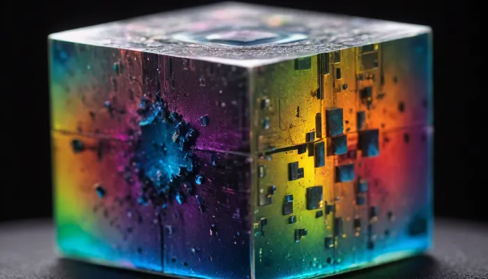 microscope macro zoom, (glowing cube), miracle, rainbow light circeled in open universe, orbit, rainbow storm, rainbow fire, rainbow air, rainbow earth