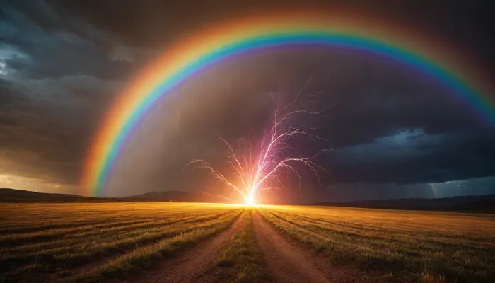 rainbow light circeled in universe, rainbow storm, rainbow fire, rainbow air, rainbow earth