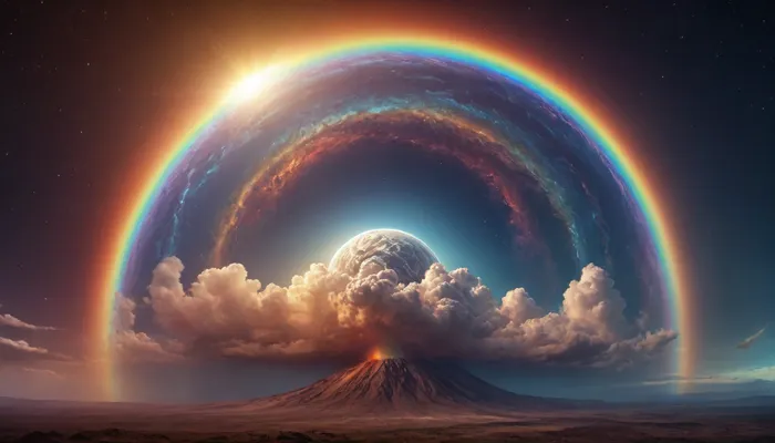 (orbit of eart), hmiracle, rainbow light circeled in open universe, orbit, rainbow storm, rainbow fire, rainbow air, rainbow earth