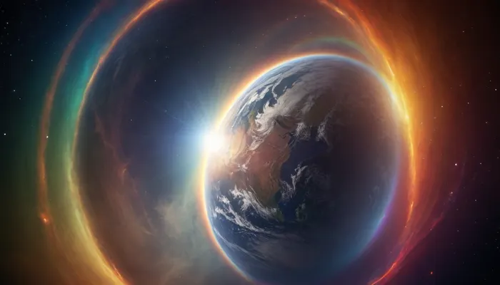 (orbit of eart), hmiracle, rainbow light circeled in open universe, orbit, rainbow storm, rainbow fire, rainbow air, rainbow earth