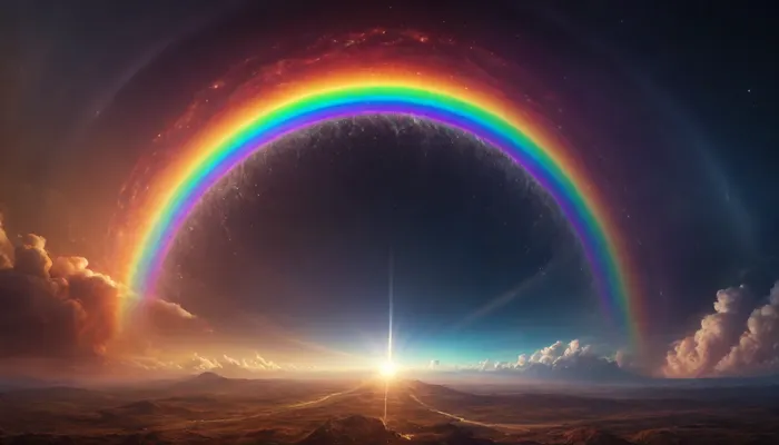 (orbit of eart), hmiracle, rainbow light circeled in open universe, orbit, rainbow storm, rainbow fire, rainbow air, rainbow earth