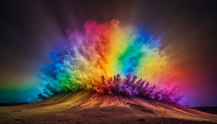 (mycelium network), hmiracle, rainbow light circeled in open universe, orbit, rainbow storm, rainbow fire, rainbow air, rainbow earth