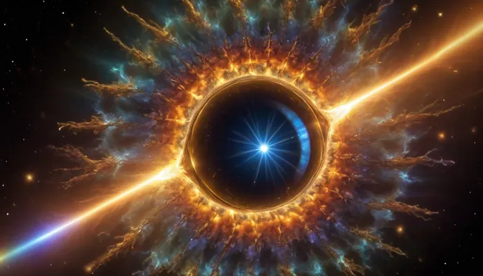 4d microscope macro zoom, eclipse, nytrogen, (glowing fractal of stars), miracle, rainbow light gold cristal in open universe, orbit, rainbow fire, rainbow air, rainbow earth