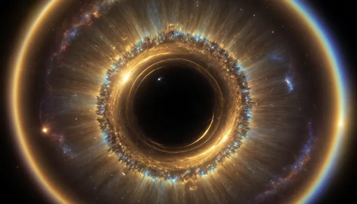 4d microscope macro zoom, epic, glowing, (rainbow, white visible light), black and gold sphere as a galaxy, mirroring, halo, solar wind transparent, light sparks, (glowing fractal of stars), miracle, rainbow light gold cristal in open universe, orbit, rainbow fire, rainbow air, rainbow earth