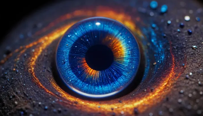 microscope macro zoom, (glowing lapis lazuli), miracle, rainbow light circeled in open universe, orbit, rainbow storm, rainbow fire, rainbow air, rainbow earth