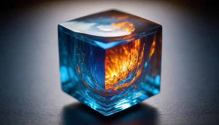 4d microscope macro zoom, (fire cube, (square), fusion with wather sphere, (blue waves, mirroring), miracle), orbit, epic, glowing, (rainbow, white visible light), rainbow light gold, rainbow fire, rainbow air, rainbow earth