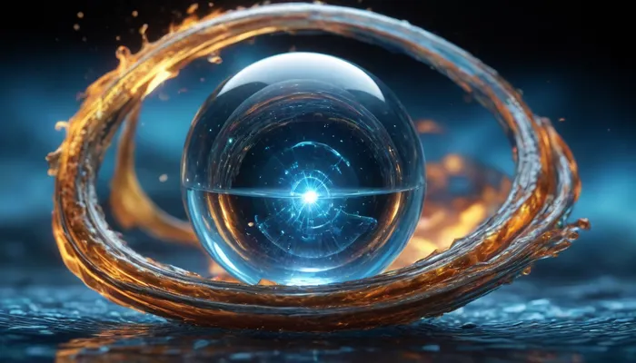 4d microscope macro zoom, many of in open space, orbit, there is objecht merge of cube and sphere in center, (fire cube, fusion with wather sphere, (blue waves, mirroring)), miracle, epic, glowing, (rainbow, white visible light), rainbow light gold, rainbow fire