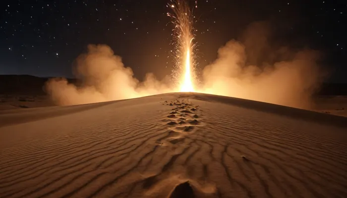 desert in mist night, (very dark night), 4d microscope macro zoom, fire desert storm, stars