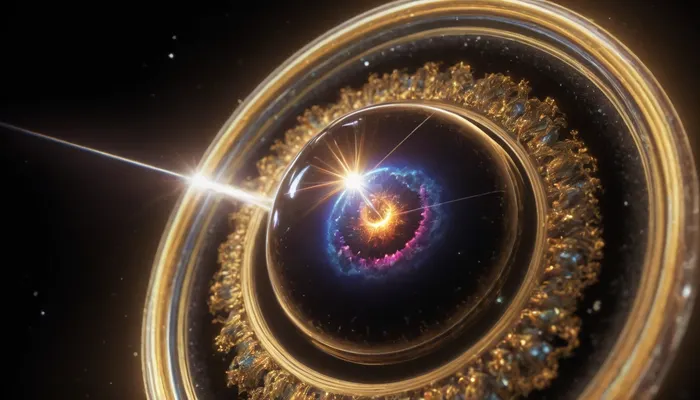 4d microscope macro zoom, epic, glowing, (rainbow, white visible light), black and gold sphere as a galaxy, mirroring, halo, solar wind transparent, light sparks, (glowing fractal of stars), miracle, rainbow light gold cristal in open universe, orbit, rainbow fire, rainbow air, rainbow earth