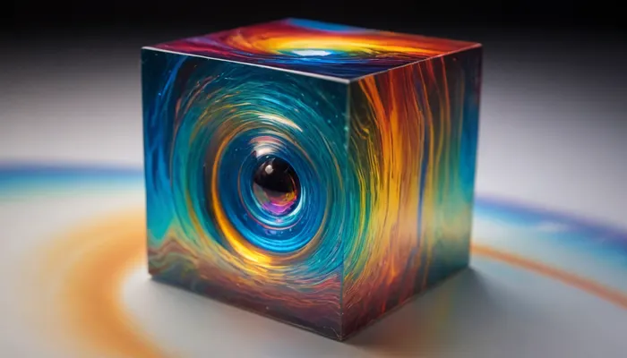 fire cube, (square), fusion with wather sphere, (blue waves, mirroring), miracle 4d microscope macro zoom, orbit, epic, glowing, (rainbow, white visible light), rainbow light gold, rainbow fire, rainbow air, rainbow earth