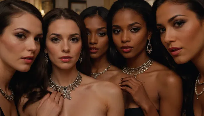 Nice 3 brunettes girls and 2 ebony hookers touch 1 penis . Pov., show 5 faces around Penis. jewellery, necklace, earings, <lora:FaeStyle:.8>