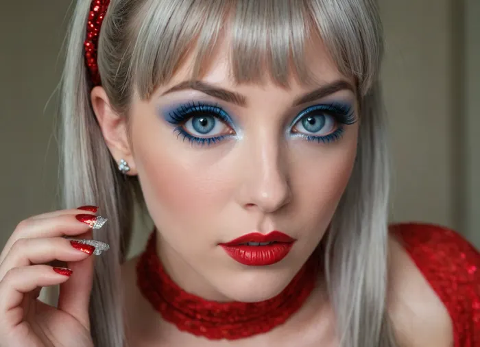 I have snake eyes, long blue eyelashes, eyeliner, lush and bright red lips with silver sparkles, narrow eyebrows, pearly hair, straight bangs, 5 pigtails, manicure, and I'm not a girl. Who am I?