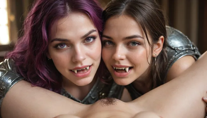 harem, beautiful girls only, random colour hair, purple eyes, lesbian cunnilingus sex, small elastic breast, armor, Vampire warrior girls covered in royal purple in the royal chambers., female, pov, cunnilingus, 2girls, girl, licking, pussy, pubic hair, <lora:EnvyZoomSliderXL01:1>, <lora:EnvyCuteSliderXL01:2>, <lora:Colorful Hair Slider_alpha1.0_rank4_noxattn_last:2>, <lora:Cunnilingus XL:.5>, Vampire Fangs, Lesbian Vampire, (fangs:2.5), blood on their chins