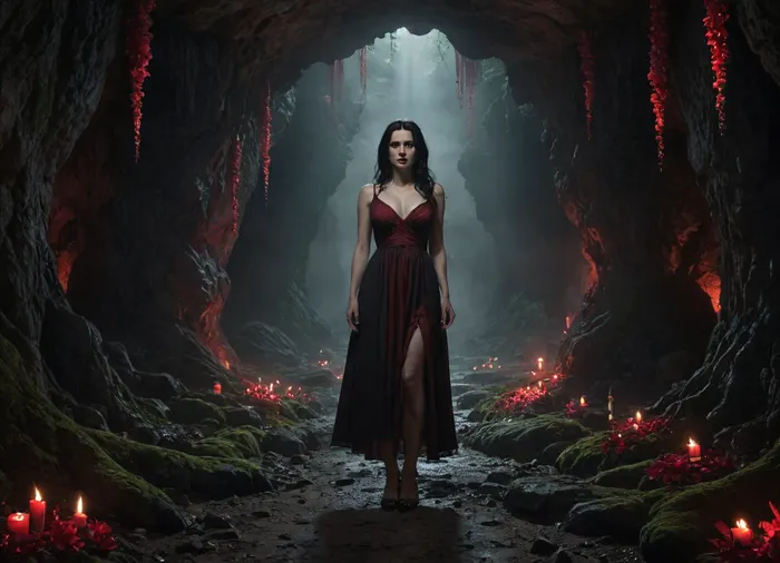 Woman. Forty years old. Large breasts. Sagging breasts. Enormous breasts. Milky breasts. Large nipples. Dark nipples. Exposed nipples. Thin waist. Narrow waist. High waist. Wide hips, big butt. White skin. Milky skin. Black hair. Long hair. Big eyes. Red eyes. Woman in a dress. Torn dress. Dress with holes. Knee-length dress, full at the bottom, black and red, deep neckline, protruding breasts. Witch. Woman standing, legs apart, arms outstretched. Woman deep in a cave. Woman in the distance. Woman in the background. Large cave. Lots of space. Gloomy cave. Stalactites in the cave. The cave is full of moss and glowing flowers. Red flowers. Purple flowers. White flowers. Candles in the cave. Floating lights. Lots of lights., Dark, dreams, Eerie, reality, Horror, Darkness, <lora:DDXL:.8>