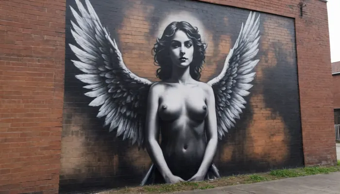 Street Art, Mural, Spray Paint, Tones of Black, High Contrast, Ultra-HD, Angelic, Evil, Powerful, Natural Lighting, Reflective, Polished, Brick, Aerosol