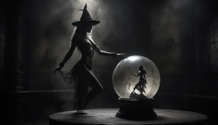 middle age, close-up of a beautiful, large crystal ball belonging to a sexy witch on a small wooden old table with, (a detailed projection inside the crystal ball of a extraordinary detailed stunning nude dancer:1.5), highly detailed image, Double exposure, blurred background, next to single skull with candle on top, surrounded by a half undressed sexy witch, (sexy witch:1.4), in a dark dusty forest, full moon, an mystic black castle, cloudy, smoke, atmospheric, clouds, fog, Black, and, white, art, black, pencil, shading, charcoal, drawing, toned, paper, brutal, dark, b/w, color, scheme, <lora:add-detail-xl:1.1>, <lora:Cloudy_Style:1.5>, <lora:Black and white art.V1:1.8>, <lora:dark:.3>
