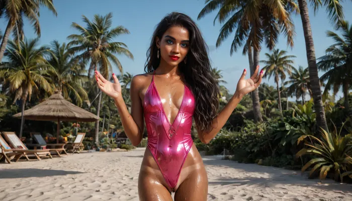 Gergeous naked petite young woman 18 years old, ((skinny)), (girly petite female:1.2), ((indian girl)), (extremly beautiful girl), (very detailed eyes, brows and eyelashes), ((very long black hair)), ((skinny:1.2)), ((oiled skin)), ((dark tan skin:1.5), full make up, red lipstick, blue eyeshadow, pink nailpolish, (detailed bright blue eyes), perfect and detailed hands and fingers, seducive horny pose, looking at the camera and try to seduce you, (unshaved trimmed pussy), (beautiful pink vagina), fisnet swim suit, standing on a beautiful tropical beach with palm treesand a blue sky, ((Masterpiece, highest quality, 8k, finest details)), ((front view))), green, blue, brown, perfecteyes, <lora:PerfectEyesXL:.8>, detailed, eyes, perfect, freckles, skin, texture, photorealistic, <lora:Super_Eye_Detailer_By_Stable_Yogi_SDPD0:.8>