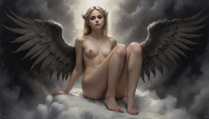 A very detailed sexy, blonde, skinny and flat-chested angel with detailed huge angel wings sits lasciviously on a cloud, perfect hands, perfect face, perfect legs, perfect feet, longing view, silent smile, camel toe, from, below, shoes, delicate, detailed, eyes, cameltoe, Gustave, Doré, Style, page, Black, and, white, art, black, pencil, shading, charcoal, drawing, toned, paper, brutal, dark, b/w, color, scheme, <lora:Cloudy_Style:.5>, <lora:underanglexl16:1.7>, <lora:cameltoe XL:.8>, <lora:Gustave Dore Style:1.6>, <lora:Black and white art.V1:1.4>