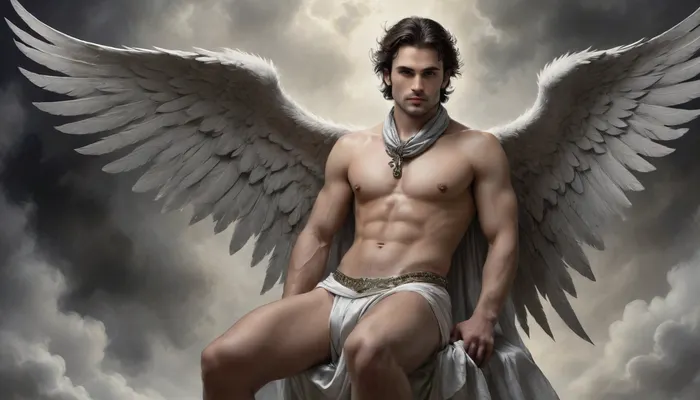 A very detailed nude, sexy, masculine male angel with detailed huge white angel wings sits lasciviously on a cloud, (a bulging silk scarf over the hips:1.4), perfect hands, perfect face, perfect legs, perfect feet, perfect cock, longing view, silent smile, from, below, shoes, delicate, detailed, eyes, Gustave, Doré, Style, page, Black, and, white, art, black, pencil, shading, charcoal, drawing, toned, paper, brutal, dark, b/w, color, scheme, <lora:Cloudy_Style:.5>, <lora:underanglexl16:1.1>, <lora:Gustave Dore Style:.7>, <lora:Black and white art.V1:1.4>, <lora:bulgev1-beta:.8>