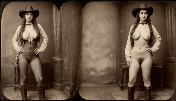 1870s, (((1870s beautiful female cowgirl))), amateur model, beautiful face, amateur photo, brunette hair, attractive, 28 years old, (((picture taken with Daguerreotype camera:1.5))), (large natural boobs:1.1), natural boobs, (hairy pussy:1.4), (full body in view), straight hair, ponytail hairdo, (same person, same pose, same angle), (2Split screens, 2split views, onoff:1.2), (wearing 1870s cowgirl outfit), (western town background), BREAK, <lora:OnoffXL_ExtraCrispy:1.1>