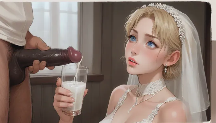 interracial, bbc, very large black penis, The happy white blonde bride in sexy wedding dress, cum driping bride's chain' cum driping from black penis, drinking sperm from transparent cup, there is glossy and sticky sperm in cup, cup full of sperm, cum swallowing, ((gokkun)), cum dripping from the corners of her lips, ((ratatatat74), 90s Anime, (Outline), (cartoon), incase style, concept, art, by, syd, mead, retro, futuristic, flat colors, Perfect Hands), <lora:ratatatat74-000050:1.1>, <lora:outline_xl_kohaku_delta_spv5x:1.8>, <lora:cartoon_stickers_xl_v1:.6>, <lora:NEOTOKIOXL_0.2_RC:.4>