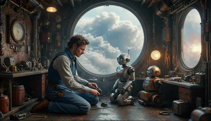 Star Wars style, (Steampunk:1.4), (Full body view:1.3), a chubby, friendly male mechanic in blue overalls kneels on the floor of his messy and futuristic workshop, repairing a small toy robot to the great delight of his work robot next to him, (cute work-robot:1.3), work-robot watches attentively as his toy is repaired. various perspectives, various futuristic backgrounds, elaborate details, highly detailed, breathtaking, panoramic, cinematic, (3D, Framed, Woman), Macabre, cloudy, smoke, atmospheric, clouds, fog, anchespaceroom, cyberbotgilzv1, <lora:MJ52:.9>, <lora:Cloudy_Style:.4>, <lora:Anchespaceroom-V1:1.1>, <lora:CyberBotGilzV1:.8>