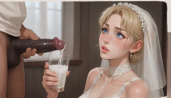 interracial, bbc, very large black penis, The happy white blonde bride in sexy wedding dress, cum driping bride's chain' cum driping from black penis, drinking sperm from transparent cup, there is glossy and sticky sperm in cup, cup full of sperm, cum swallowing, ((gokkun)), cum dripping from the corners of her lips, ((ratatatat74), 90s Anime, (Outline), (cartoon), incase style, concept, art, by, syd, mead, retro, futuristic, flat colors, Perfect Hands), <lora:ratatatat74-000050:1.1>, <lora:outline_xl_kohaku_delta_spv5x:1.8>, <lora:cartoon_stickers_xl_v1:.6>, <lora:NEOTOKIOXL_0.2_RC:.4>