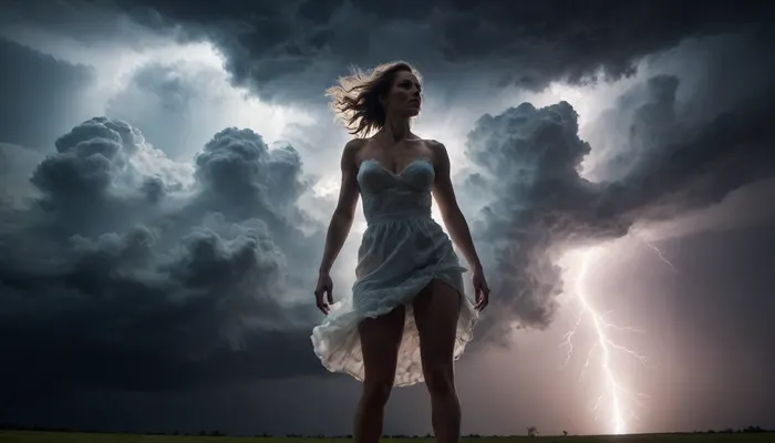 Cinematic, wide angle, 35mm, dramatic storm. The form of a woman from billowing clouds, a full body image of a woman, semi-transparent stormy clouds, dark sky, lightning sparking through her cloud body, martius_storm woman, <lora:Storm_Cloud_Style_SDXL:2>, <lora:Aether_Cloud_v1:.8>