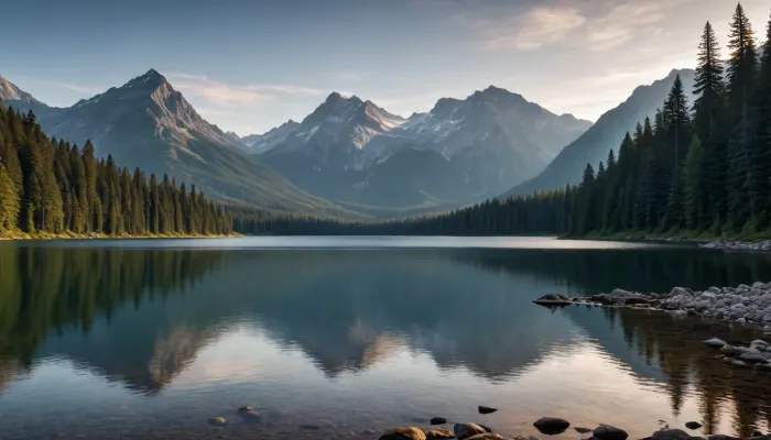 mountains, lake, forest