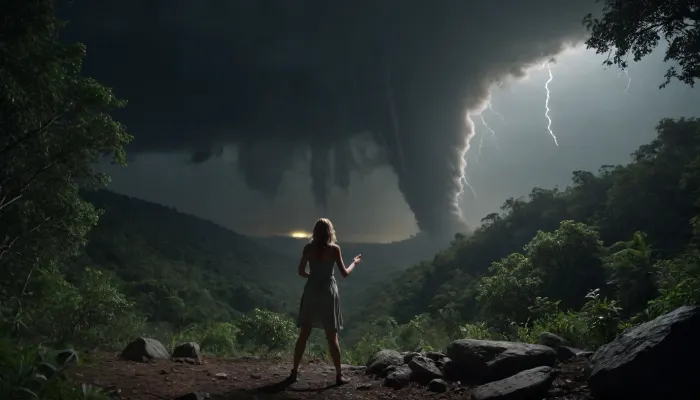 women in, (tornado, (firing, glowing, radiating tornado), from sky tuching wather wellspring vith rocks and vegetation), in dark jungle, full moon, dramatic vidsible light