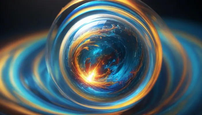 1, 4 d microscope macro zoom, many of in open space, orbit, (fire cube, fusion with wather sphere, swirl of energy, (blue waves, mirroring)), miracle, epic, glowing, (rainbow, white visible light), rainbow light gold, rainbow fire, rainbow air, rainbow earth